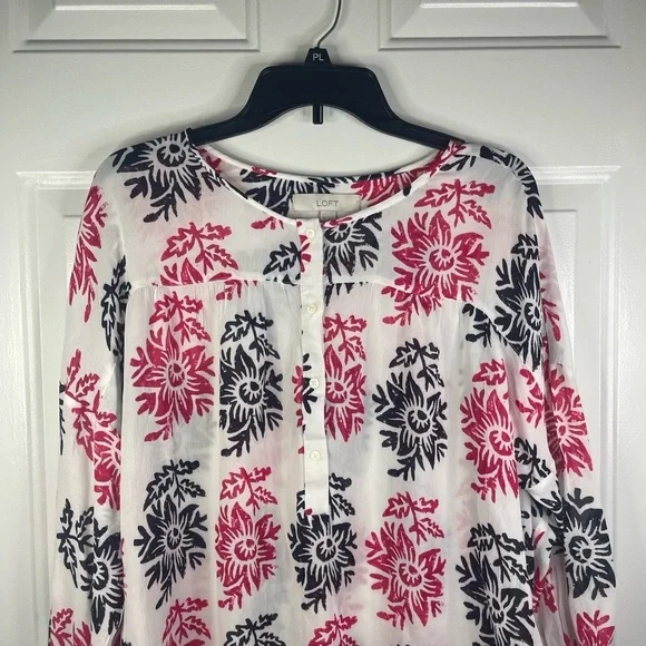Loft long sleeve floral blouse in pink and black. - Picture 2 of 6